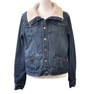 Gap Long Sleeve Denim Blue Jean Jacket Faux Fur Collar Size Large 100% Cotton